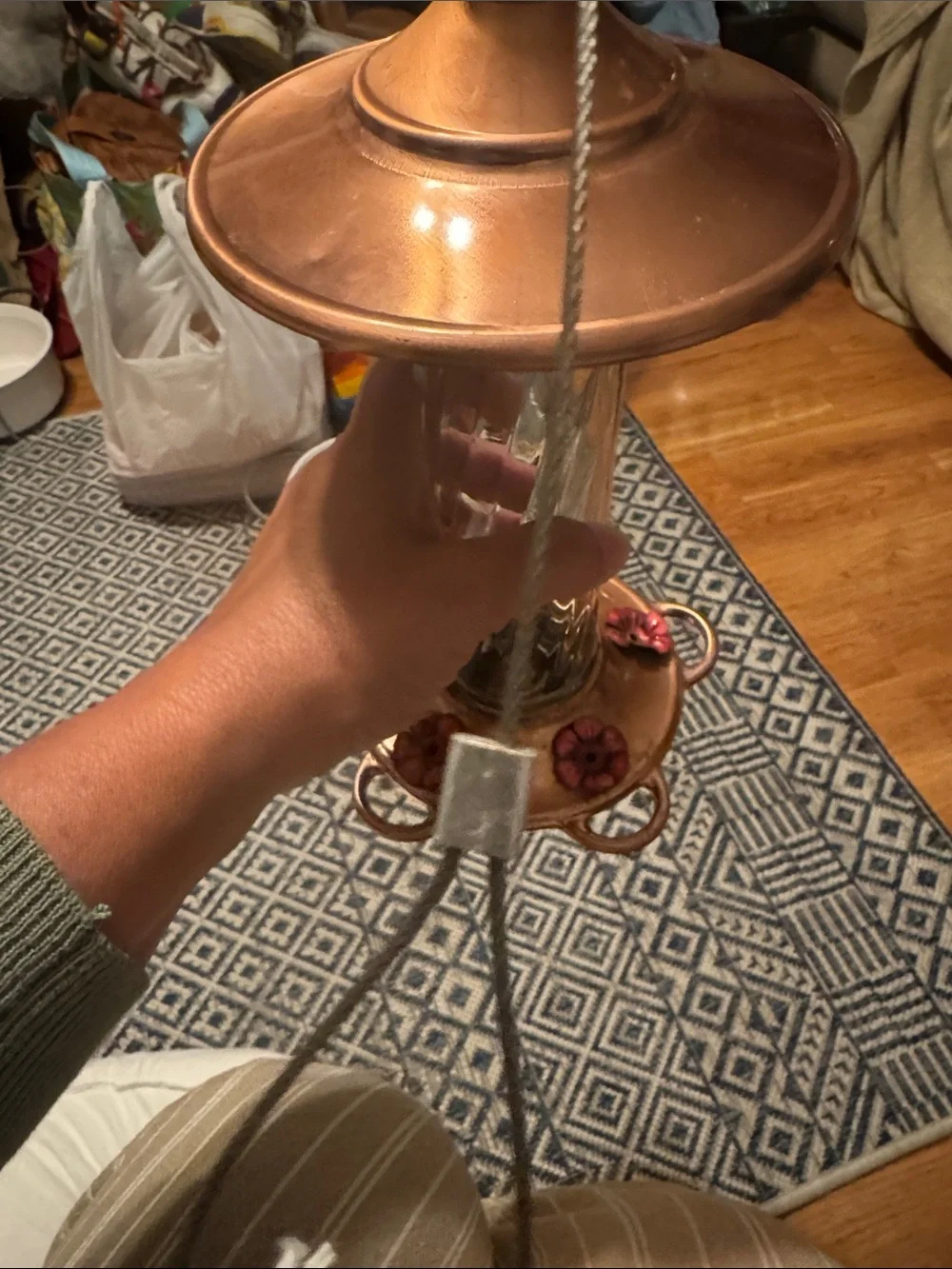 Copper Finish Decorative Hummingbird Feeder with Pink Flower Accents